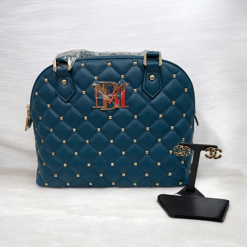Badgley Mischka Teal Quilted Satchel with Gold Studs and Logo